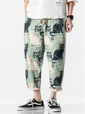 Cats Printed Casual Cropped Pants