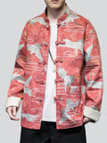 Oriental Style Men's Trendy Crane Print Button Jackets