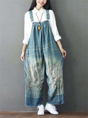 Vintage Embroidered Wide Leg Denim Jumpsuit