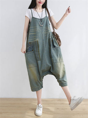 Cute Printed Denim Pantskirt Jumpsuit