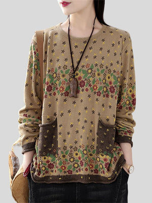 Cute Floral Pullover Long Sleeve Knitted Shirts for Women