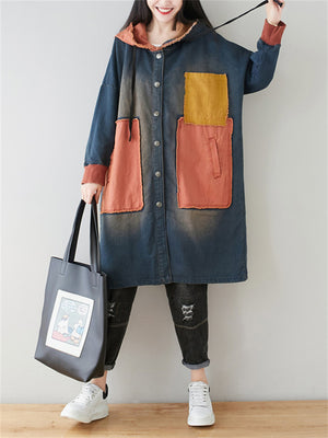 Denim Patchwork Hooded Jacket Coat