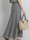 Cotton Linen Japanese Style Lattice Elastic Ladies Long Skirts