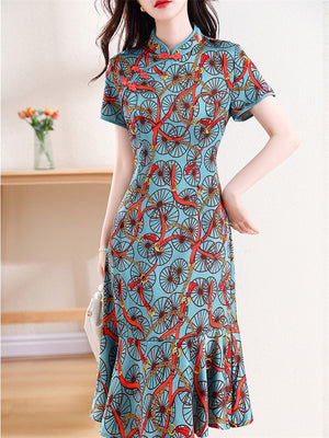 Women's Trendy Printed Cheongsam Fishtail Dress