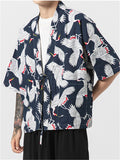 Men's Casual Cranes Printed Short Sleeve Kimono Shirts