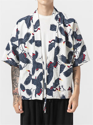 Men's Casual Cranes Printed Short Sleeve Kimono Shirts