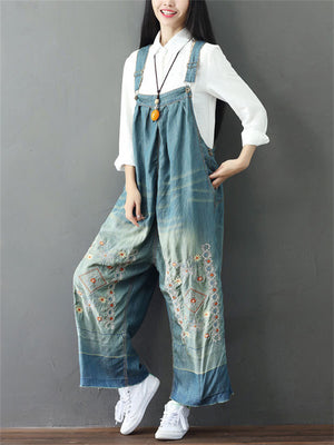 Vintage Embroidered Wide Leg Denim Jumpsuit