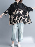 Irregular Loose Cranes Printed Chiffon Shirts