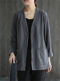 Solid Color V Neck Button Jackets For Lady