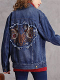 Lady Casual Slim Fit Autumn Embroidered Denim Jacket