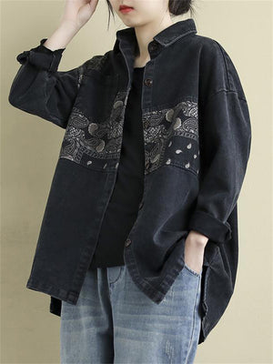 Lapel Patchwork Printed Relaxed Ladies Jackets