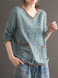 Retro Floral Printed V-Neck Pullover T-Shirts