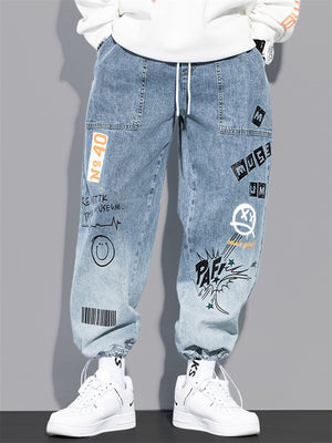 yogachicshops Cartoon Letter Printed Cute Men's Jeans