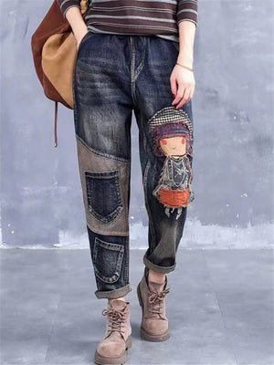 Women's Fashion Loose Elastic Waist Cartoon Jeans