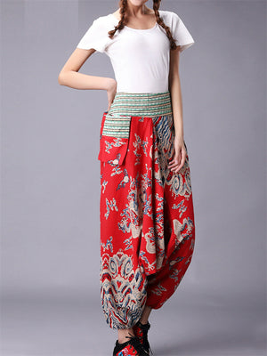 Chinese Dragon Printed Cotton Linen Harem Pants for Women