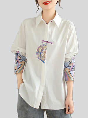 Relaxed Turn-down Collar Embroidered Shirts for Lady