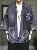 Men's Open Front Crane Flower Lotus Leaf Printed Shirts