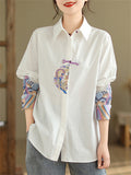 Relaxed Turn-down Collar Embroidered Shirts for Lady