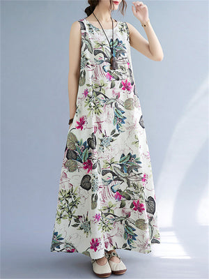 Sleeveless Floral Linen Dresses for Women