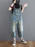 New Spring Female Plus Size Flower Printed Denim Jumpsuits