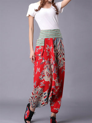 Chinese Dragon Printed Cotton Linen Harem Pants for Women