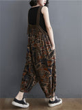 Women's Vintage Printed Spring Summer Linen Bloomers Jumpsuits