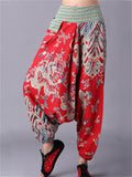 Chinese Dragon Printed Cotton Linen Harem Pants for Women