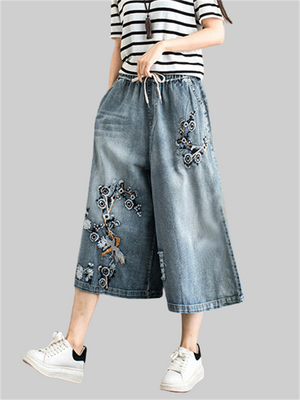 Ethnic Style Wide-leg Pants Embroidery Jeans