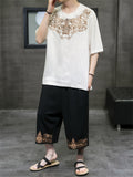 Men's Cotton Linen Short Sleeve Top Cropped Pants Embroidered Outfits