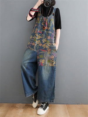 Female Oversized Retro Stitchwork Korean Style Floral Jumpsuits