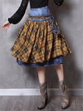 Patchwork Design Plaid Retro Denim Skirt