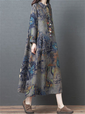 Plus Size Vintage Floral Loose Linen Dress