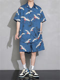 Men's Cool Streetwear Crane Print Short Sets