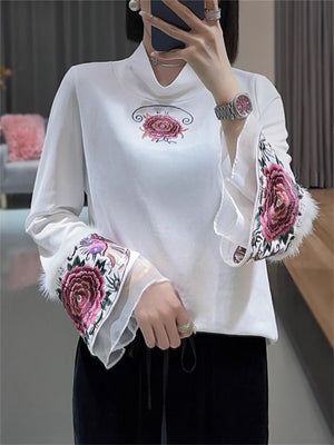 Lady Floral Embroidery Patchwork Flared Sleeve Shirt