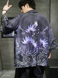 Men's Open Front Crane Flower Lotus Leaf Printed Shirts