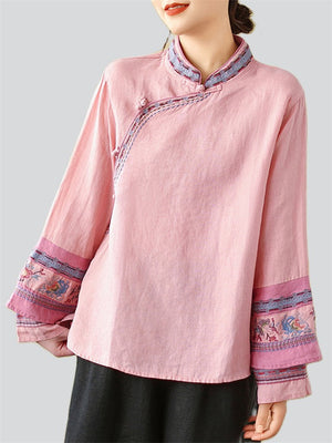 Women's Embroidery Stand Collar Cotton Linen Long Sleeve Shirt