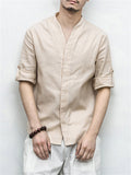 Men's V neck Cotton Linen Solid Color Shirts