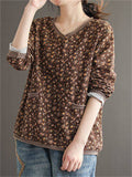 Retro Floral Printed V-Neck Pullover T-Shirts