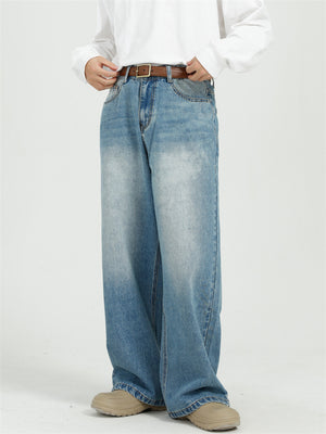 Men's All Match Blue Washed Stylish Wide Leg Jeans