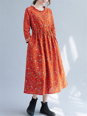 Retro Round Neck Floral Long Sleeve Dresses