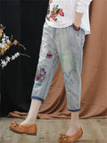 Elastic-waist Cropped Pants Embroidery Jeans