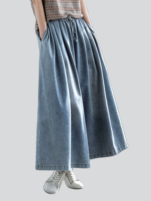 Retro Popular Women's Drawstring Blue Wide Leg Jeans