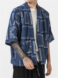 Men's Casual Cranes Printed Short Sleeve Kimono Shirts