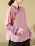 Women's Embroidery Stand Collar Cotton Linen Long Sleeve Shirt