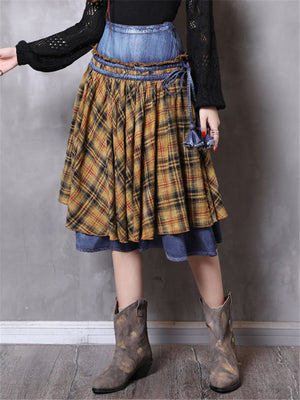 Patchwork Design Plaid Retro Denim Skirt