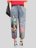 Elastic Vintage Blue Cartoon Lady Jeans