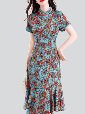 Women's Trendy Printed Cheongsam Fishtail Dress