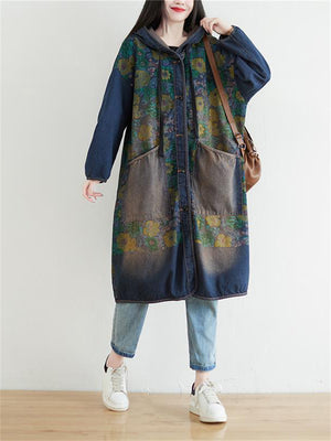 Retro Printed Hooded Denim Jacket Coat