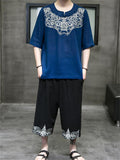 Men's Cotton Linen Short Sleeve Top Cropped Pants Embroidered Outfits