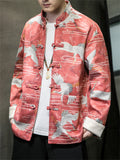 Oriental Style Men's Trendy Crane Print Button Jackets